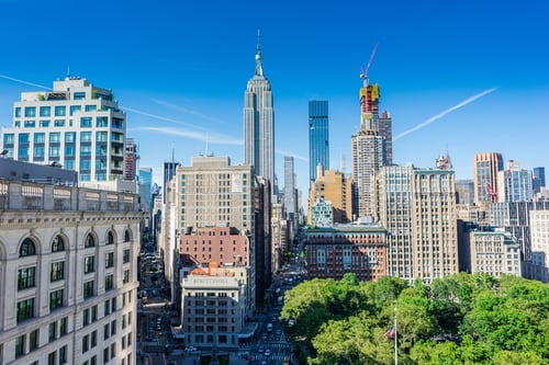 New York City skyscrapers with a blue sky