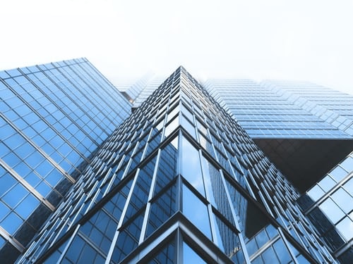 Skyscraper viewed from a bottom-up angle.