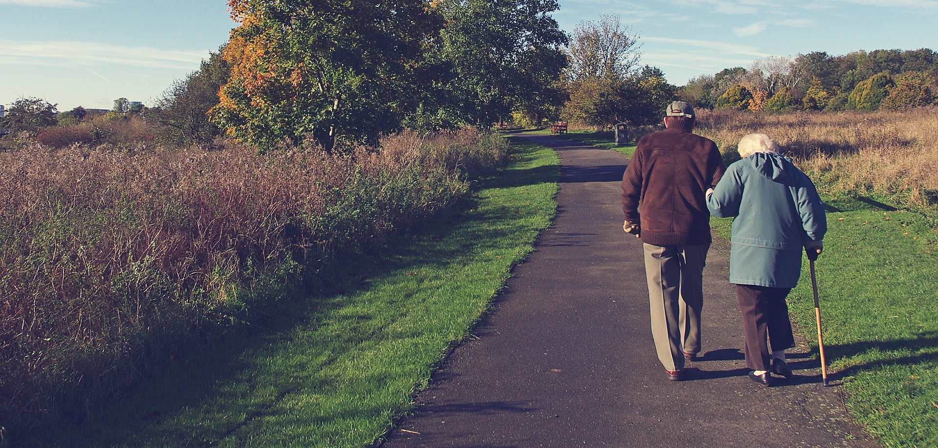 An old couple walking down a peaceful road surrounded by bushes and trees